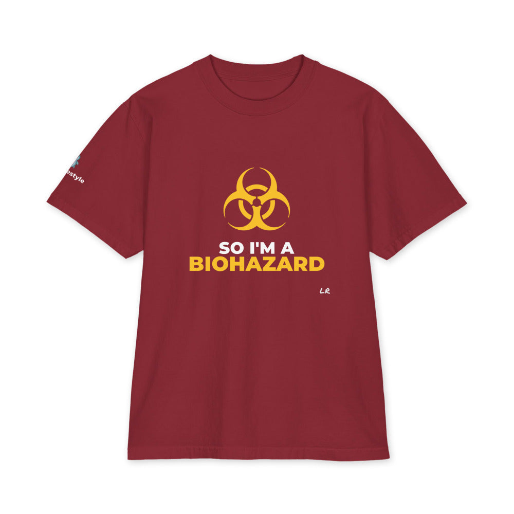 So I'm A Biohazard heavyweight tee in burgundy, front