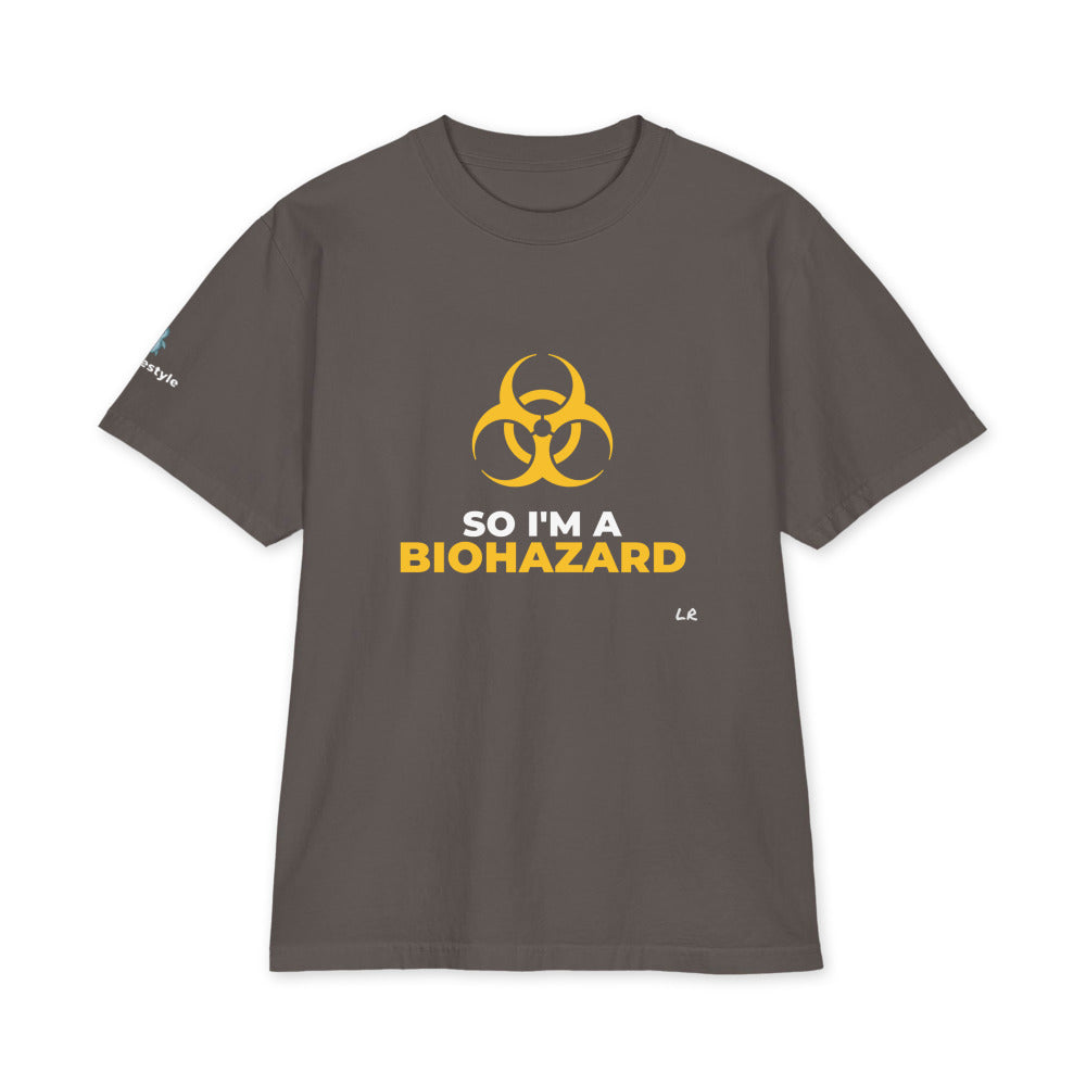 So I'm A Biohazard heavyweight tee in dark grey, front