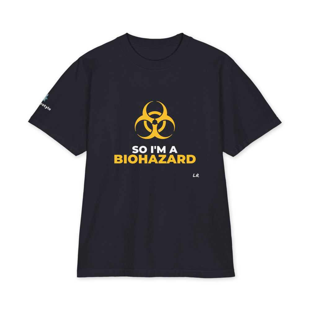 So I'm A Biohazard heavyweight tee in navy, front