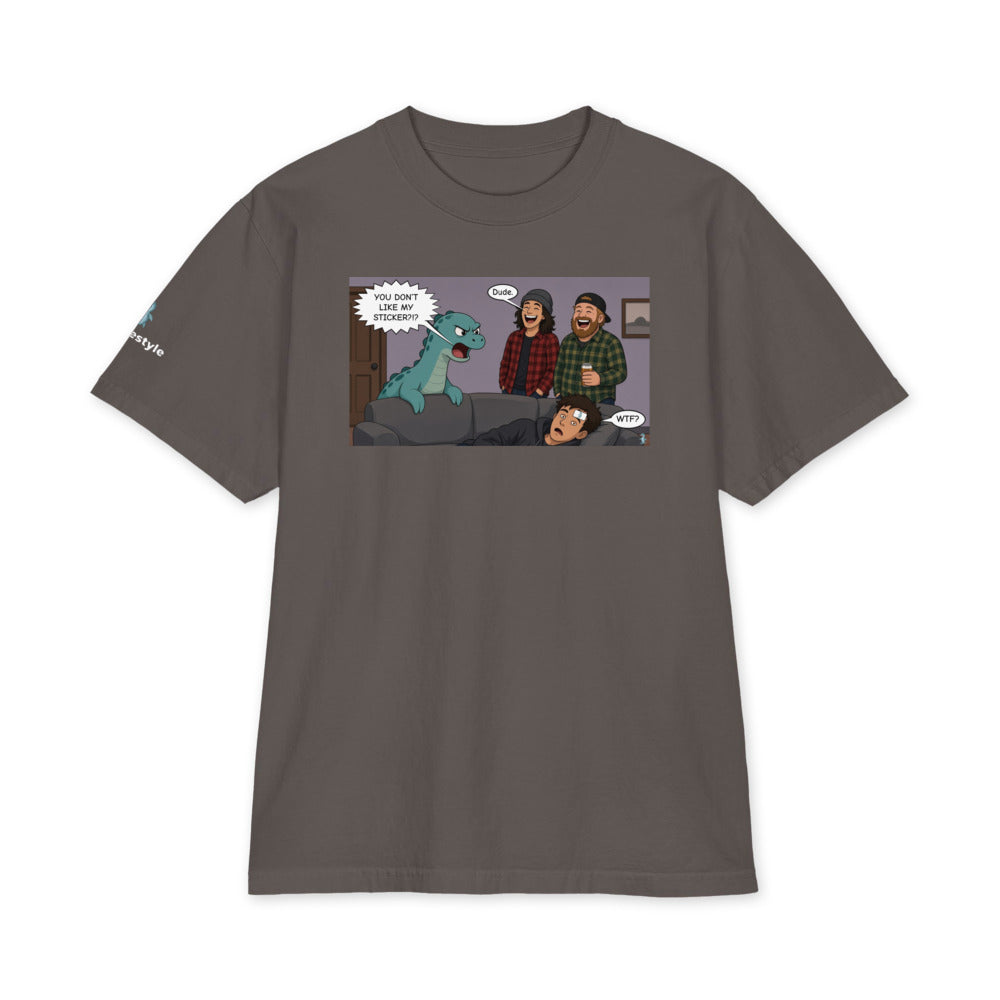 Sticker Slap heavyweight tee in dark grey, front