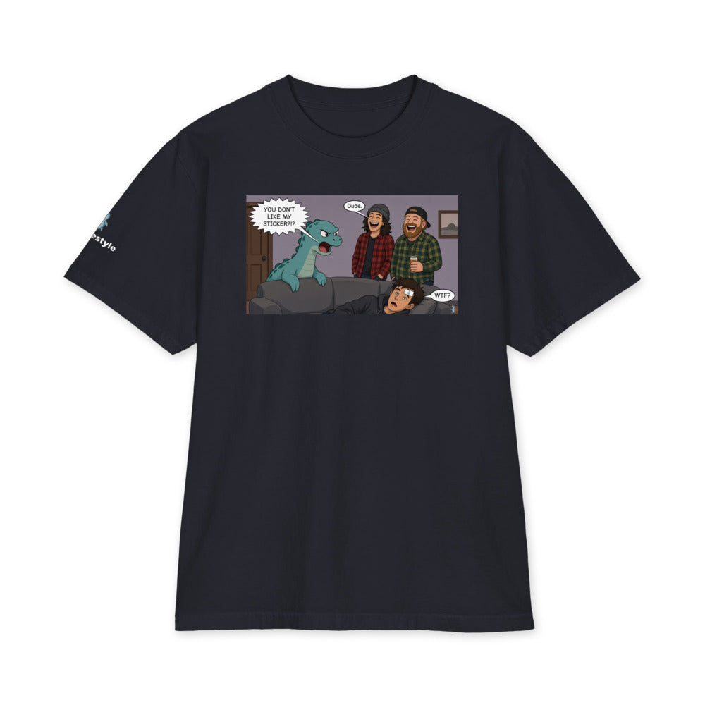 Sticker Slap heavyweight tee in navy, front