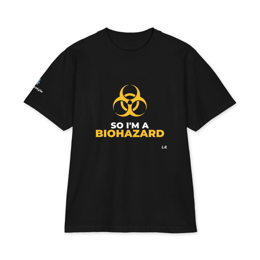 So I'm A Biohazard heavyweight tee in black, front