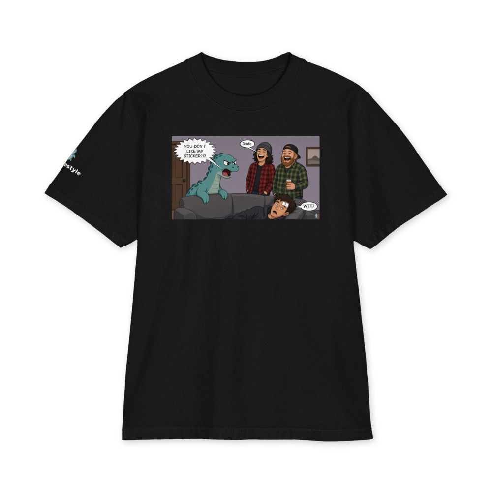 Sticker Slap heavyweight tee in black, front