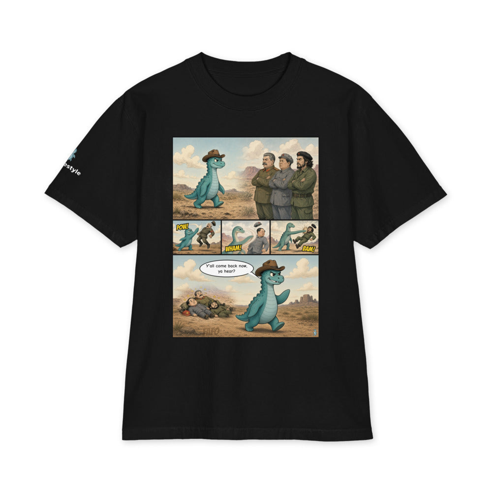Y'all Come Back Now heavyweight tee in black, front