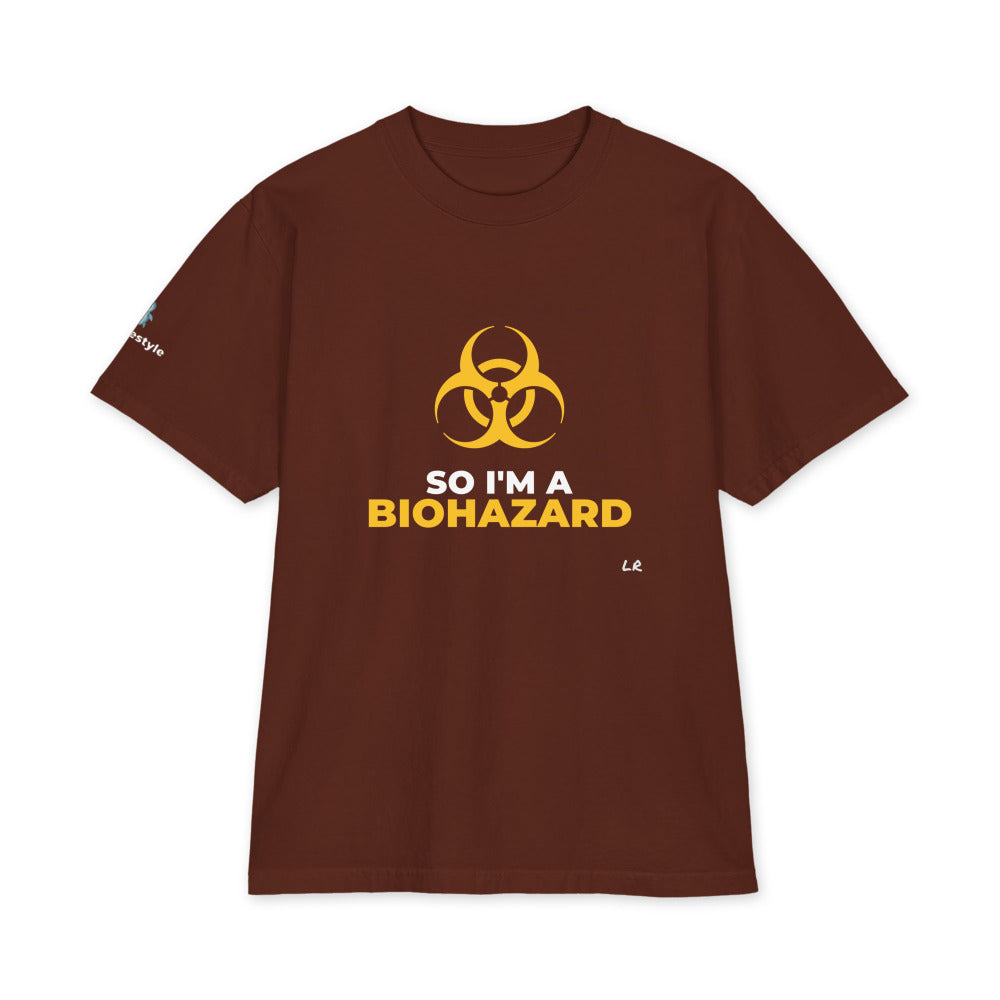 So I'm A Biohazard heavyweight tee in brown, front