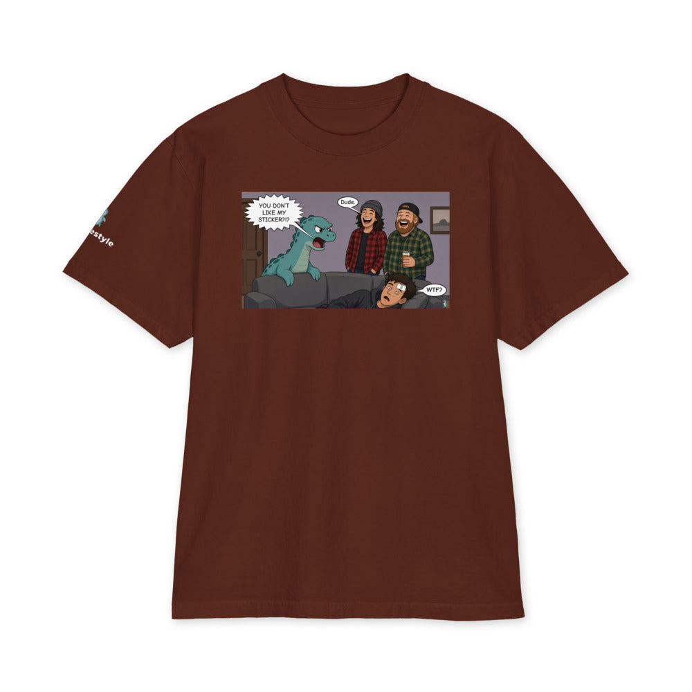 Sticker Slap heavyweight tee in brown, front