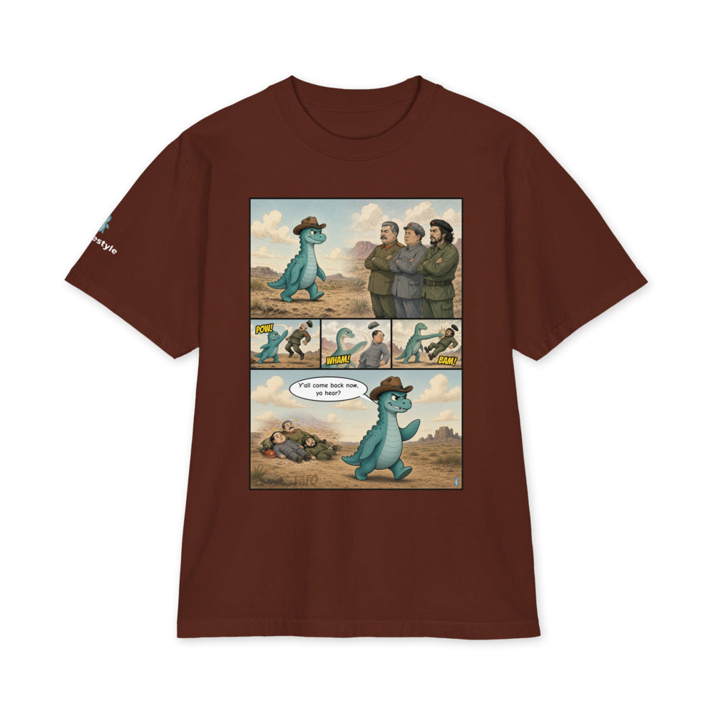 Y'all Come Back Now heavyweight tee in brown, front