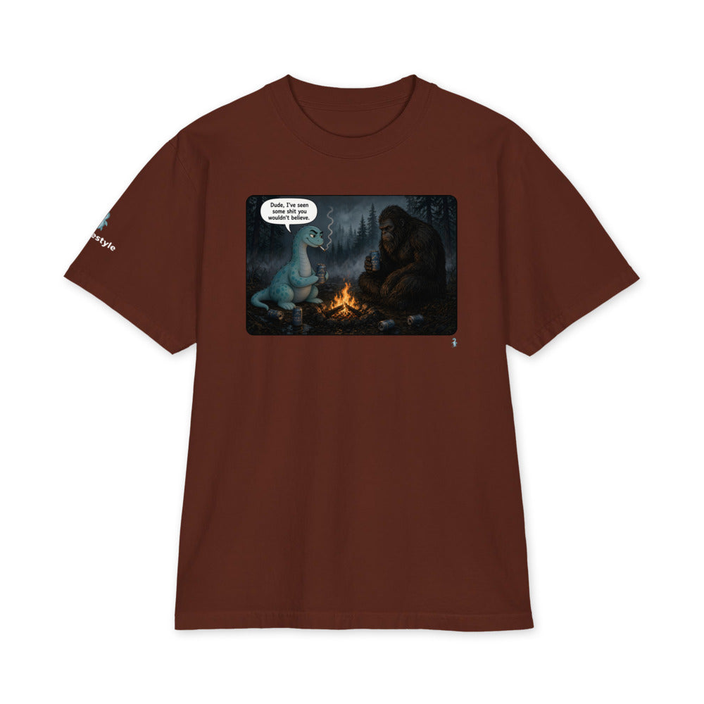 Campfire Stories heavyweight tee in brown, front