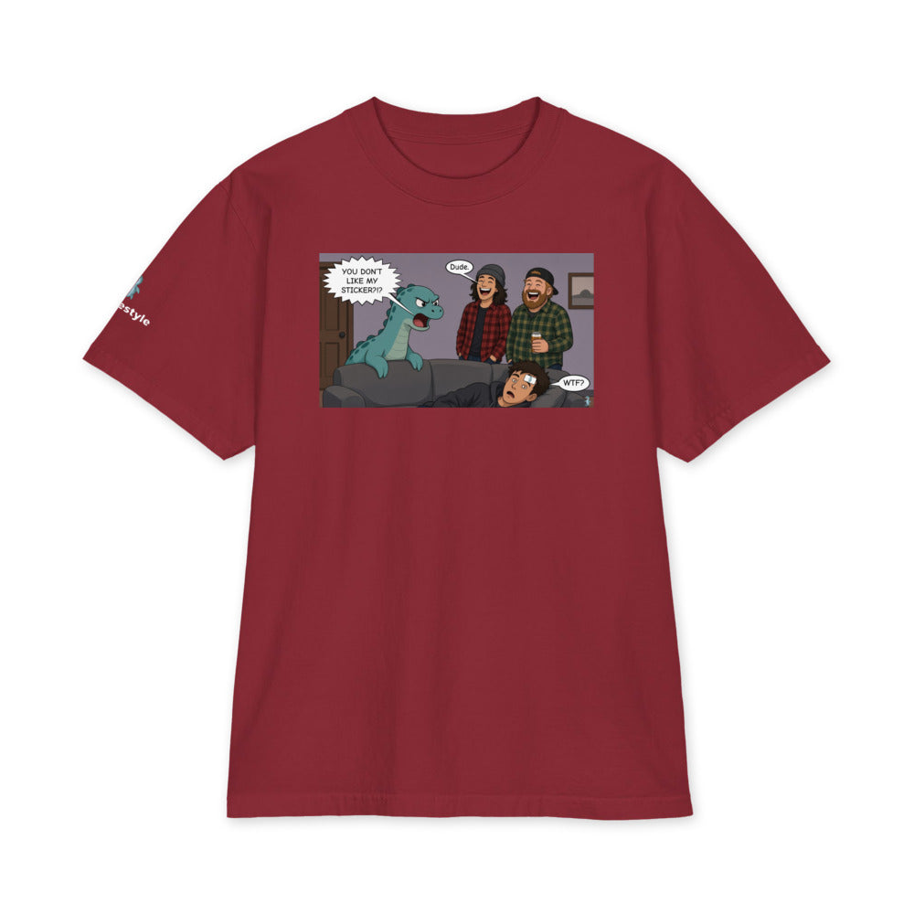 Sticker Slap heavyweight tee in burgundy, front