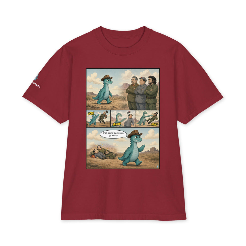 Y'all Come Back Now heavyweight tee in burgundy, front