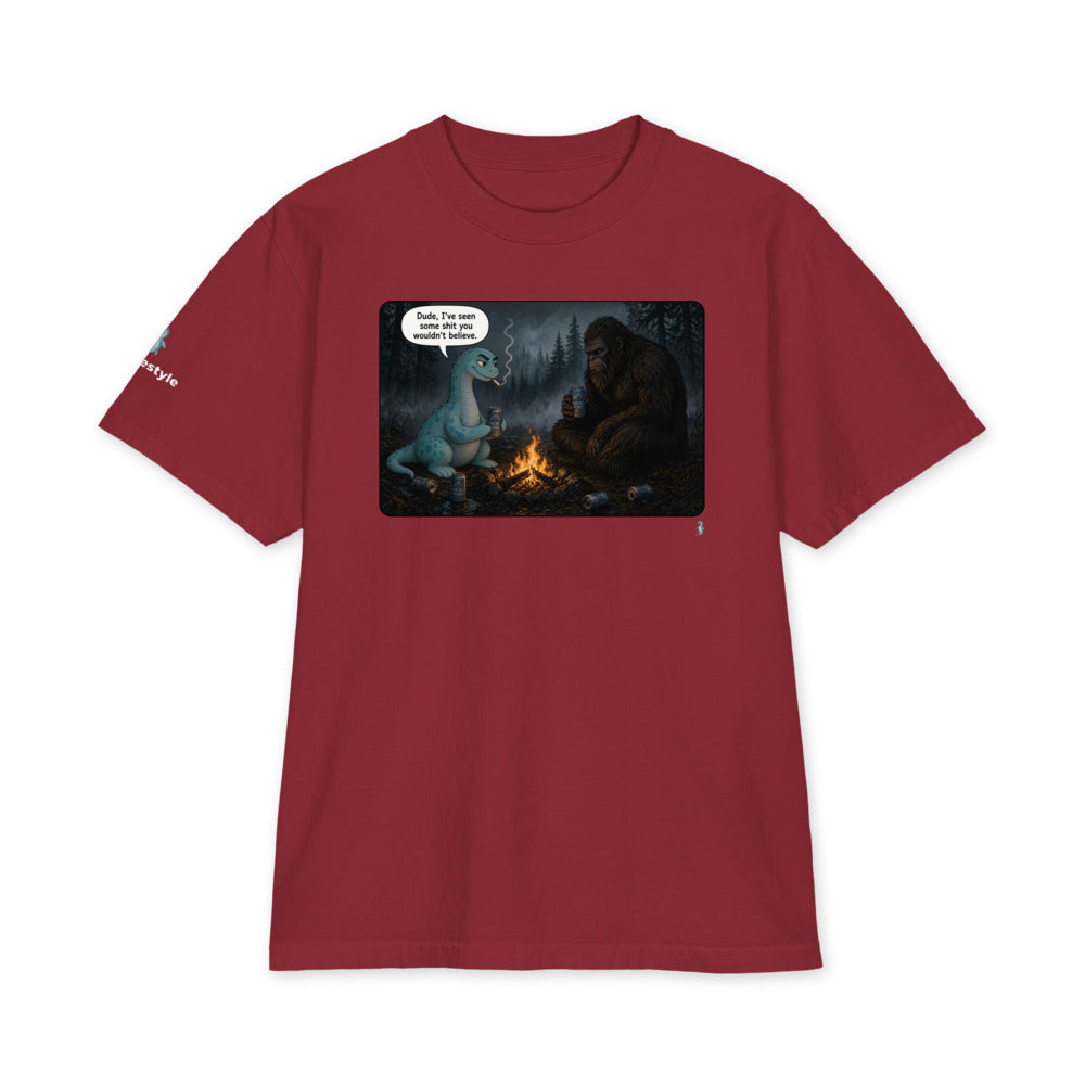 Campfire Stories heavyweight tee in burgundy, front