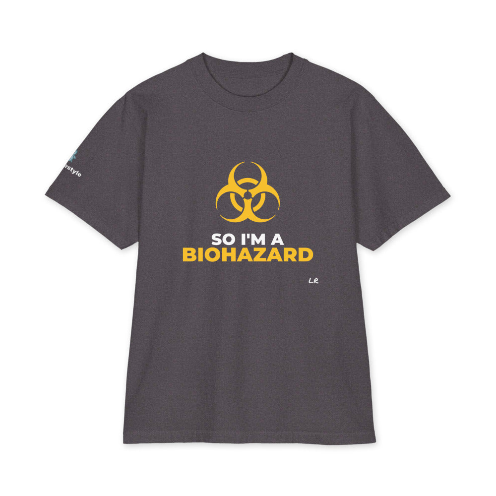 So I'm A Biohazard heavyweight tee in charcoal grey, front