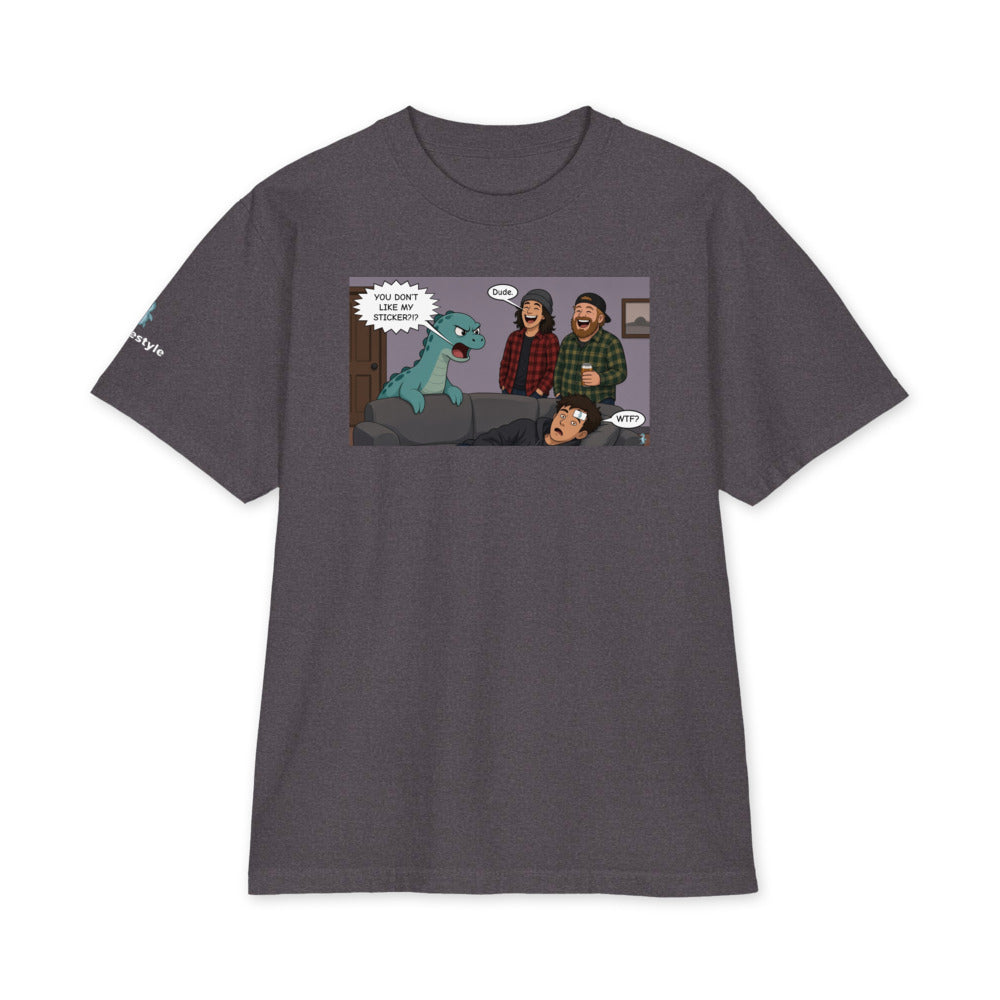 Sticker Slap heavyweight tee in charcoal grey, front