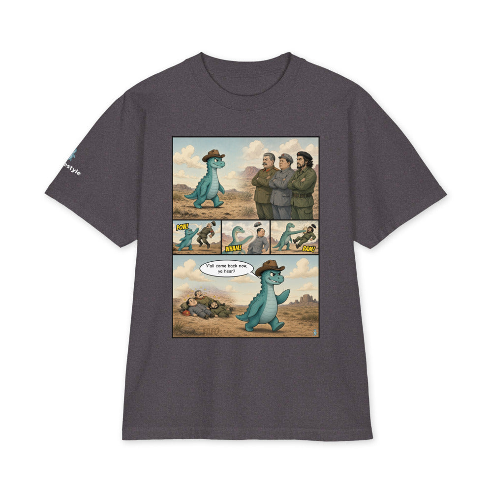 Y'all Come Back Now heavyweight tee in charcoal grey, front