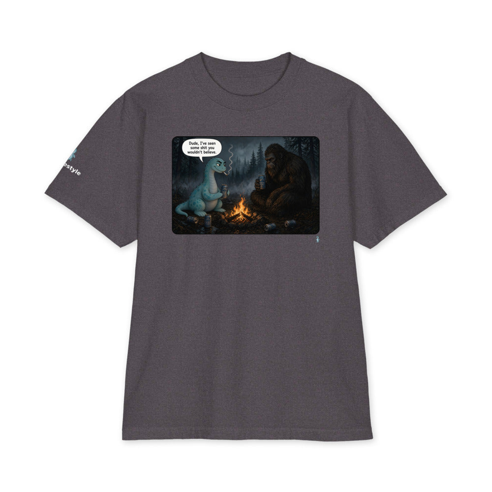 Campfire Stories heavyweight tee in charcoal grey, front