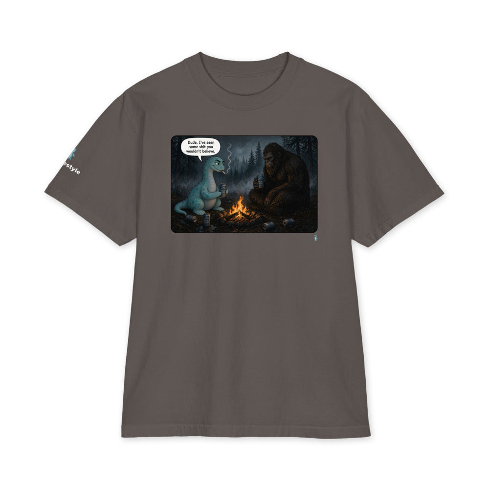 Campfire Stories heavyweight tee in dark grey, front