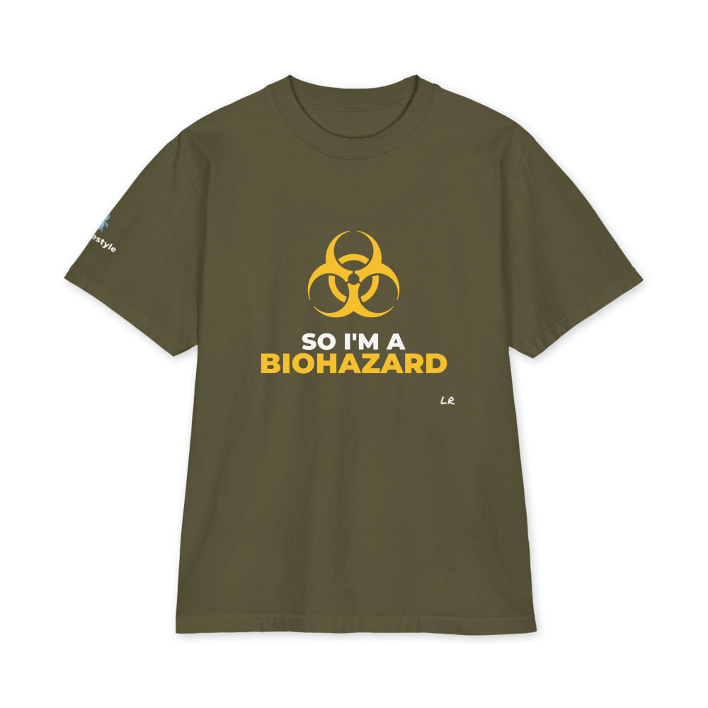 So I'm A Biohazard heavyweight tee in hunter green, front