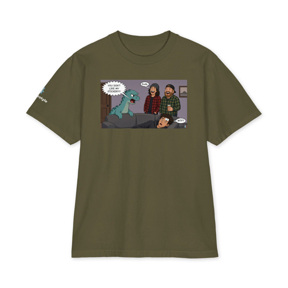 Sticker Slap heavyweight tee in hunter green, front