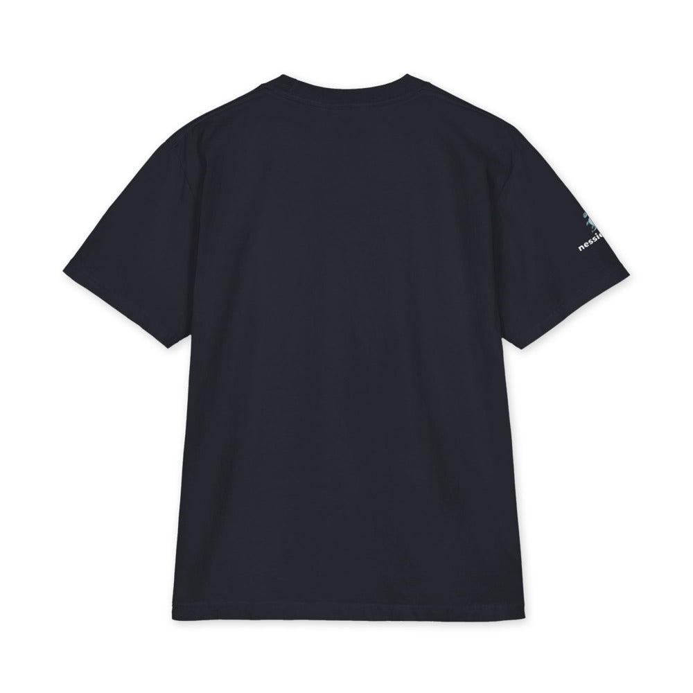 No Workie No Eatie heavyweight tee in navy, back with nessiestyle sleeve logo