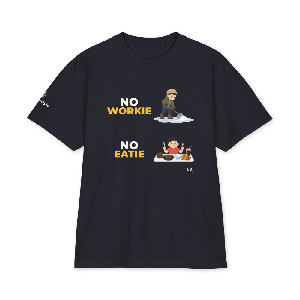 No Workie No Eatie heavyweight tee in navy, front