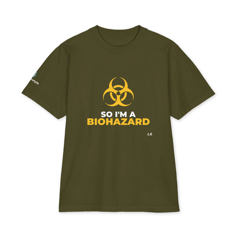 So I'm A Biohazard heavyweight tee in olive, front