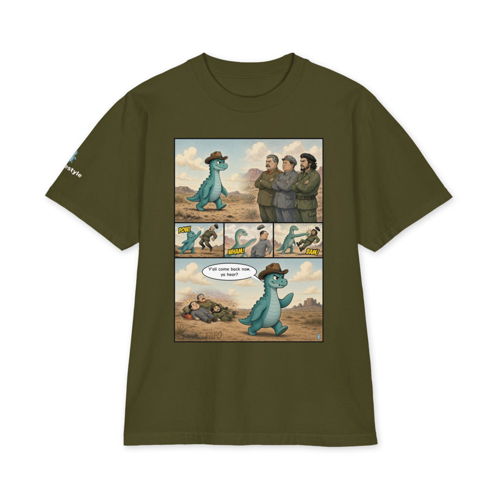 Y'all Come Back Now heavyweight tee in olive, front