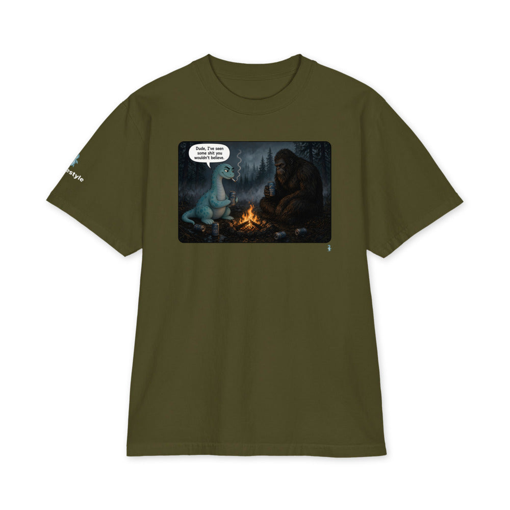 Campfire Stories heavyweight tee in olive, front