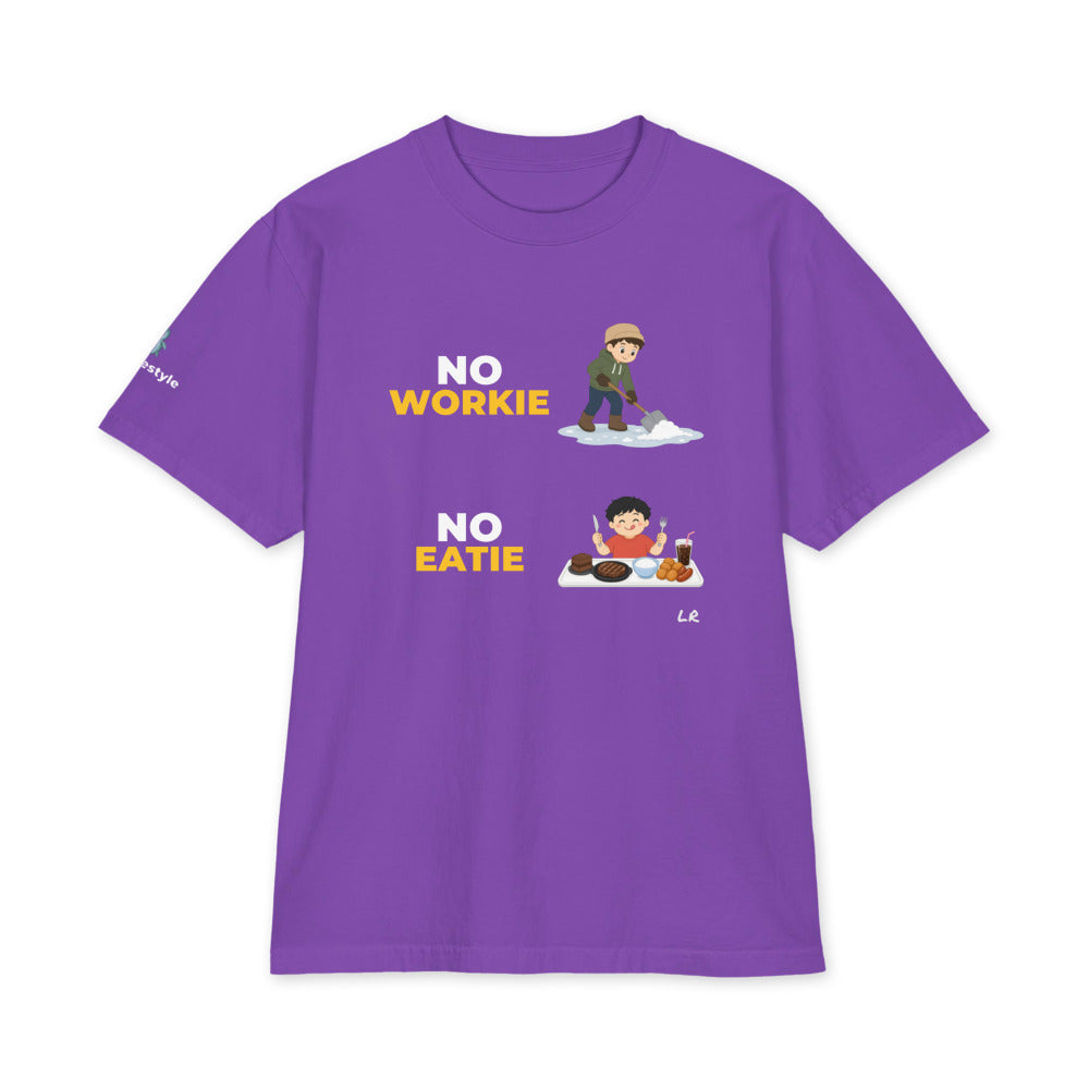 No Workie No Eatie heavyweight tee in purple, front