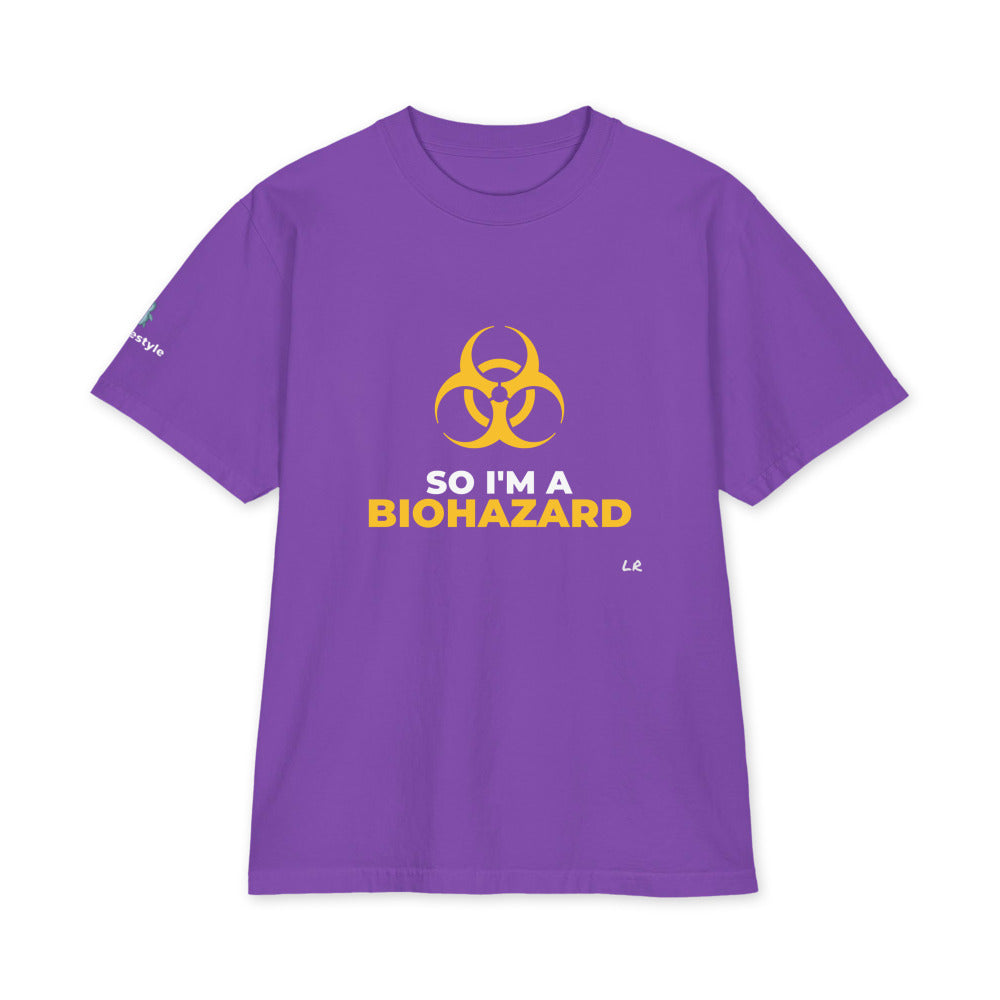 So I'm A Biohazard heavyweight tee in purple, front