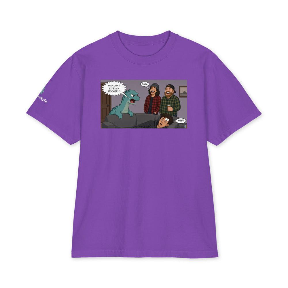Sticker Slap heavyweight tee in purple, front