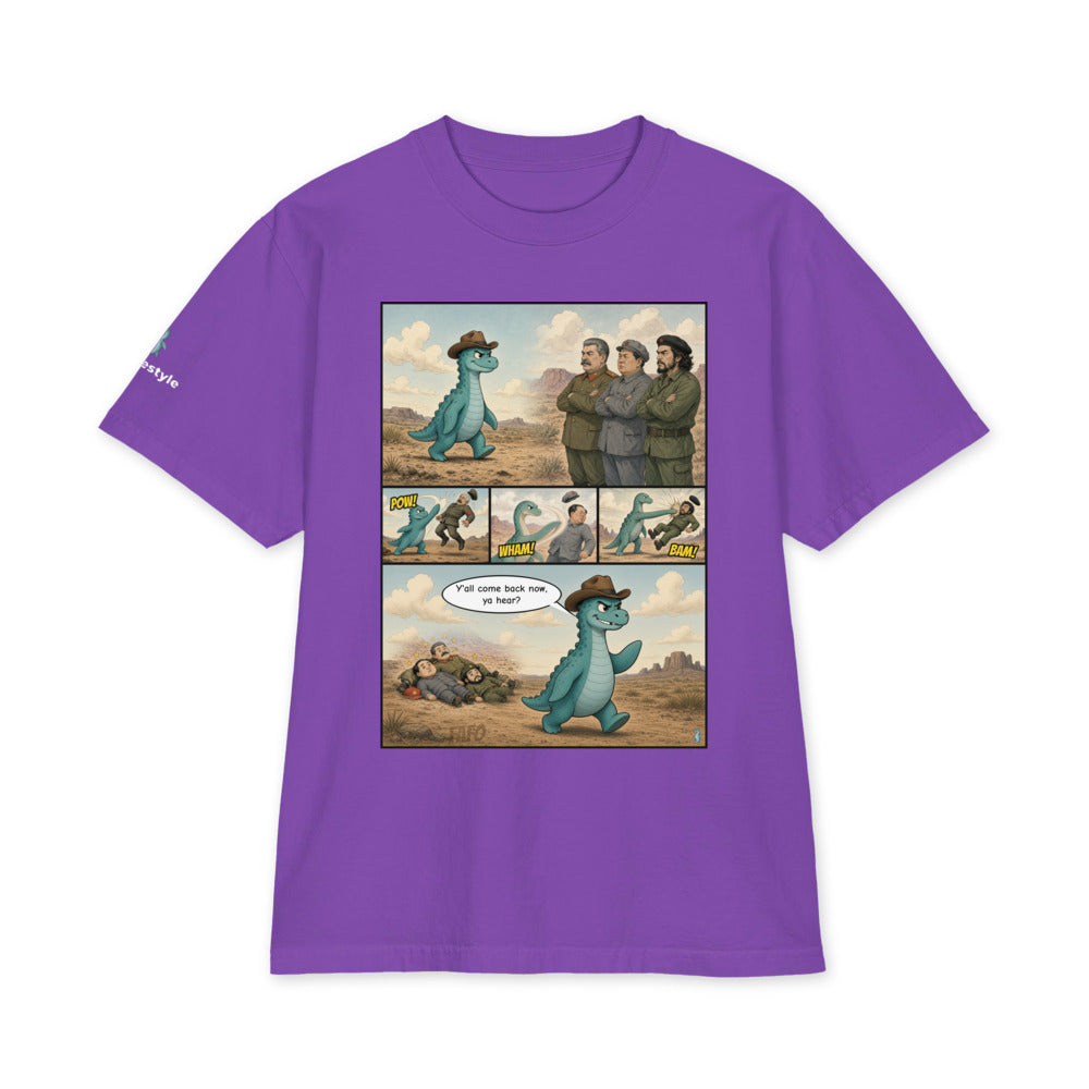 Y'all Come Back Now heavyweight tee in purple, front